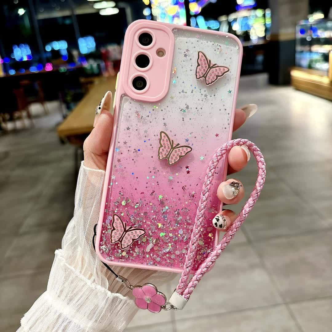 Sparkling Starry Sky Pink Butterfly Graphic Phone Case with Hanging Strap for Samsung