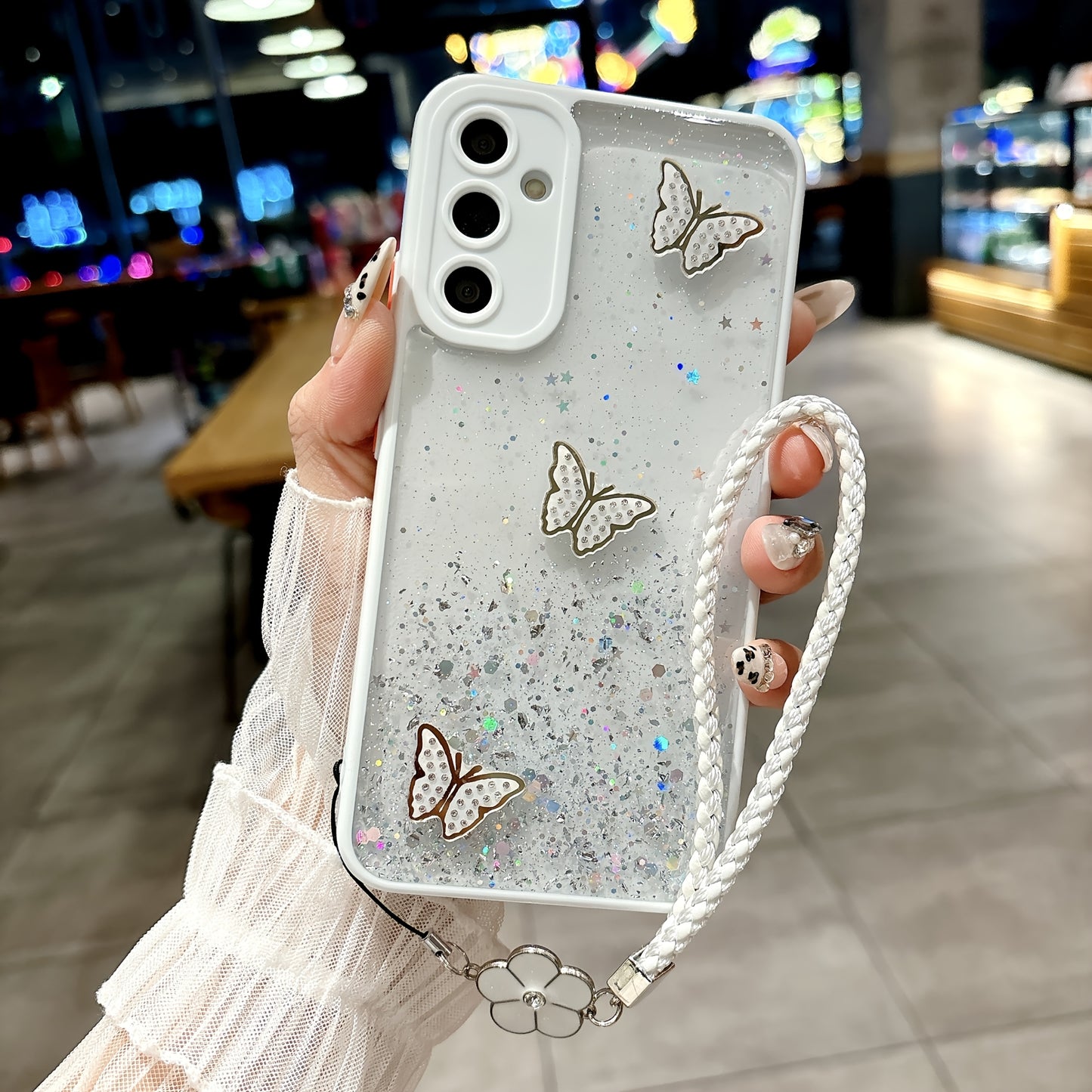 Sparkling Starry Sky Pink Butterfly Graphic Phone Case with Hanging Strap for Samsung