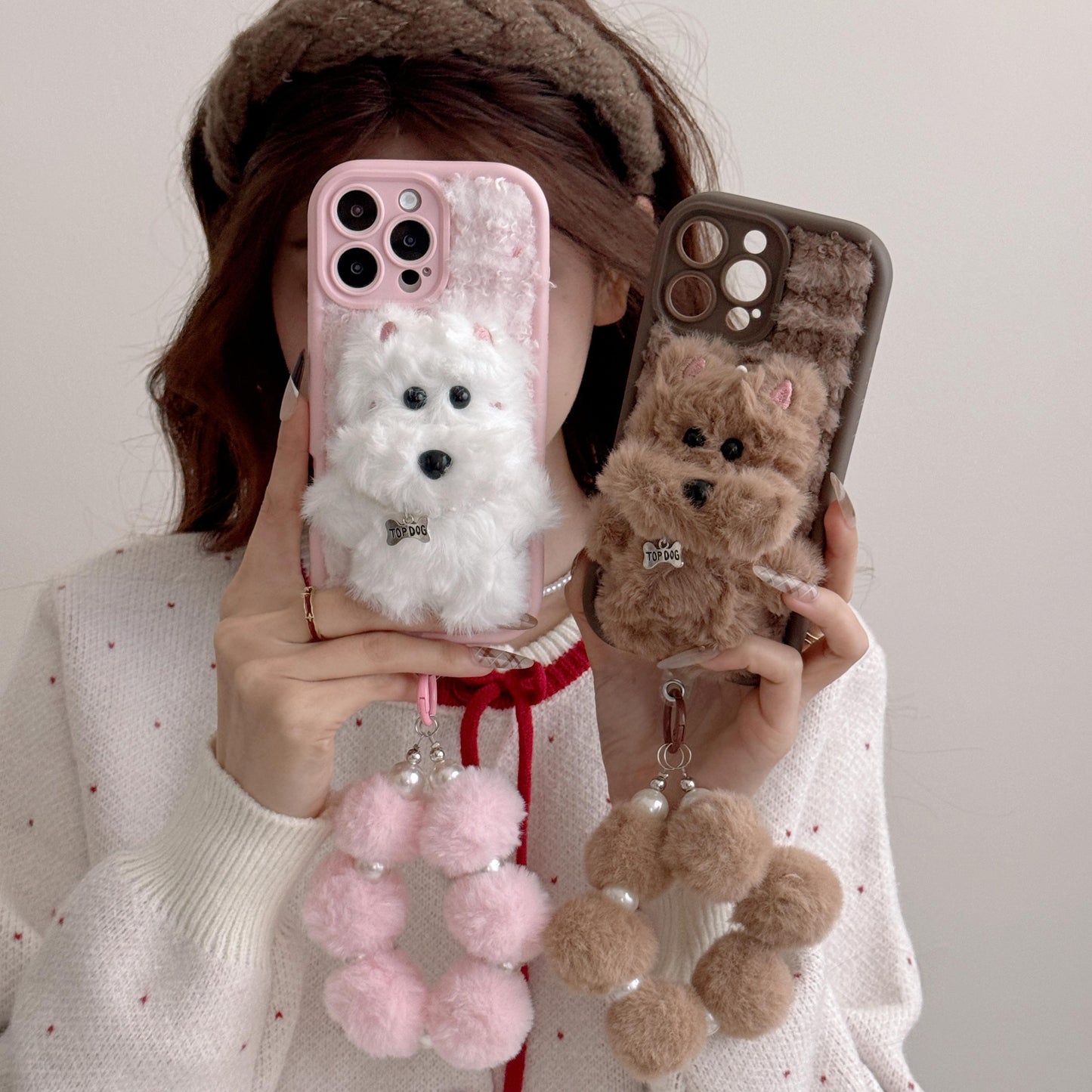 Luxlany Two-color Plush Three-dimensional Puppy + Fur Ball Bracelet Mobile Phone Case for Iphone.