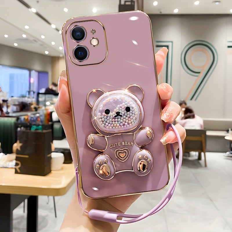 Luxlany New Cute Bear Stand Shockproof Soft Case with Lanyard for iPhones