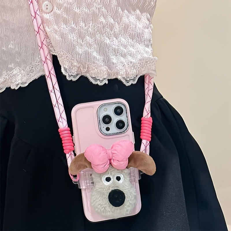 Cute Dog Phone Case with Adjustable Crossbody Strap, Plush Bow, Detachable Rope, Portable Shoulder Strap.