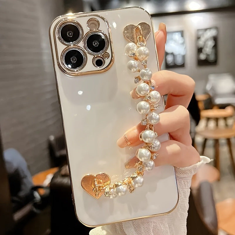 Chic Acrylic Pearl Phone Chain with Golden Heart-Shaped Buckle - Multifunctional Accessory for Phone Cases & Bracelets, Includes Adhesive Tape