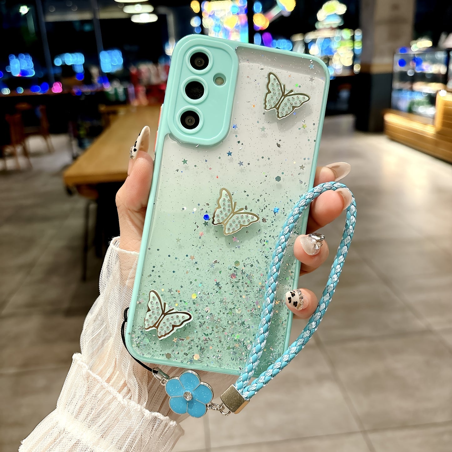 Sparkling Starry Sky Pink Butterfly Graphic Phone Case with Hanging Strap for Samsung