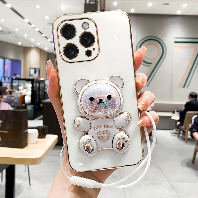 Luxlany New Cute Bear Stand Shockproof Soft Case with Lanyard for iPhones