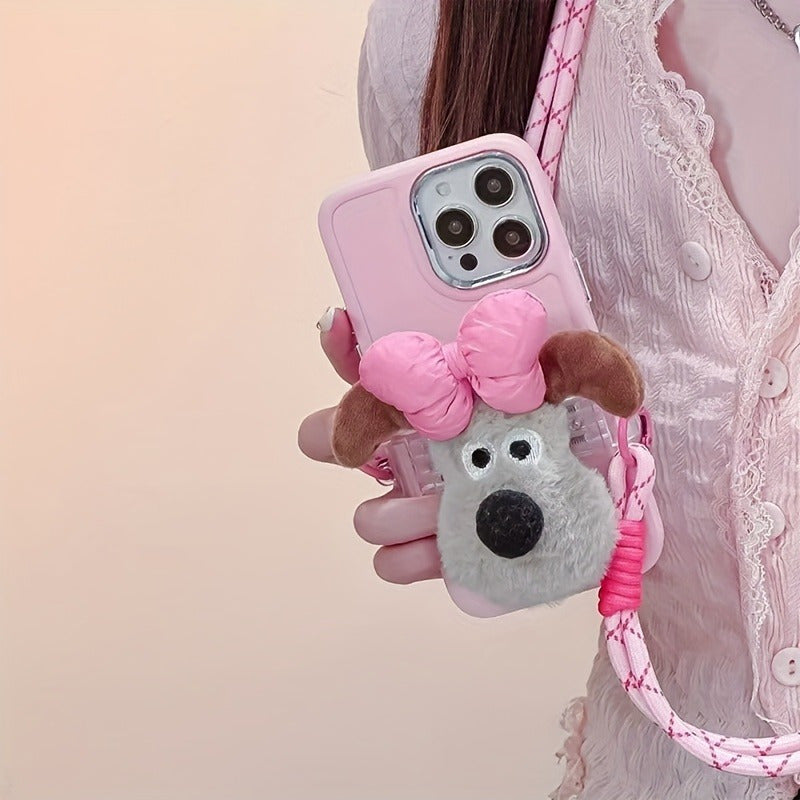 Cute Dog Phone Case with Adjustable Crossbody Strap, Plush Bow, Detachable Rope, Portable Shoulder Strap.