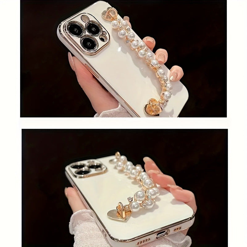 Chic Acrylic Pearl Phone Chain with Golden Heart-Shaped Buckle - Multifunctional Accessory for Phone Cases & Bracelets, Includes Adhesive Tape
