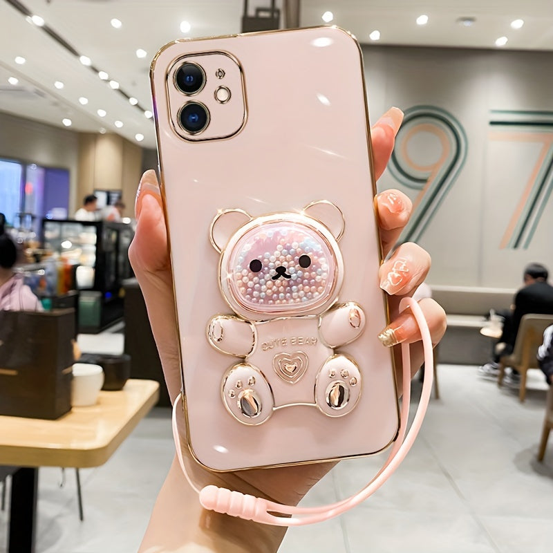 Luxlany New Cute Bear Stand Shockproof Soft Case with Lanyard for iPhones