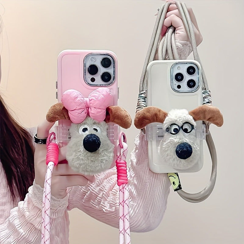 Cute Dog Phone Case with Adjustable Crossbody Strap, Plush Bow, Detachable Rope, Portable Shoulder Strap.