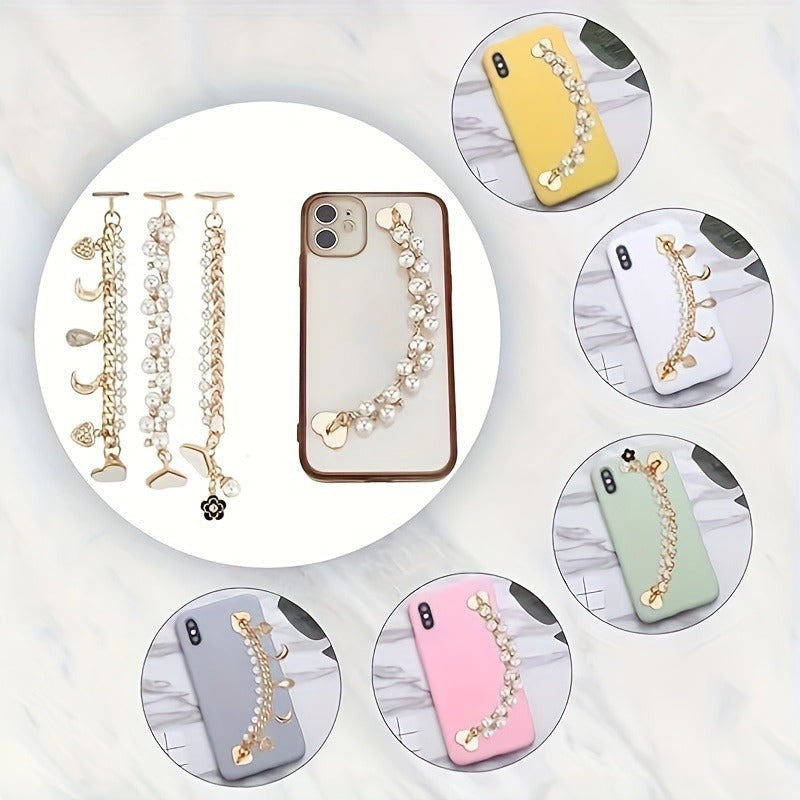 Chic Acrylic Pearl Phone Chain with Golden Heart-Shaped Buckle - Multifunctional Accessory for Phone Cases & Bracelets, Includes Adhesive Tape