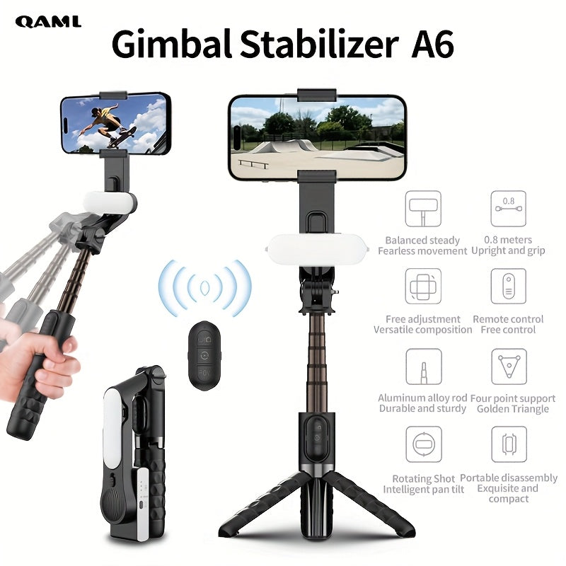 2025 Handheld Gimbal Stabilizer with Selfie Stick Tripod Stand, Wireless Remote, 1-Axis for Smartphone, 400mAh Rechargeable Lithium Polymer Battery, USB Charging, ABS Material, Compatible with iPhone & Android Devices