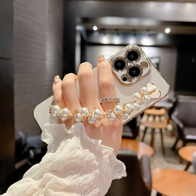Chic Acrylic Pearl Phone Chain with Golden Heart-Shaped Buckle - Multifunctional Accessory for Phone Cases & Bracelets, Includes Adhesive Tape