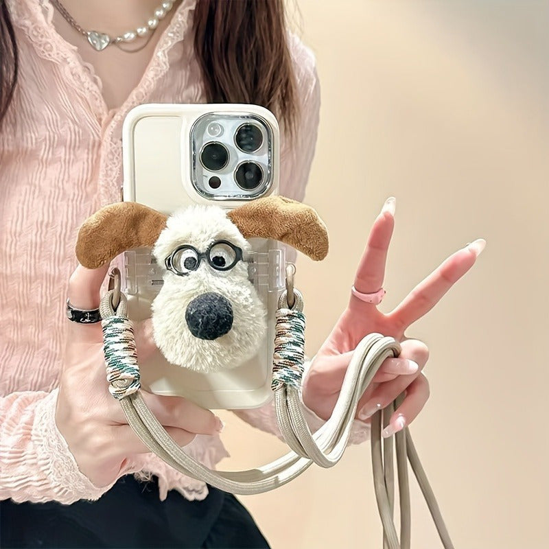 Cute Dog Phone Case with Adjustable Crossbody Strap, Plush Bow, Detachable Rope, Portable Shoulder Strap.