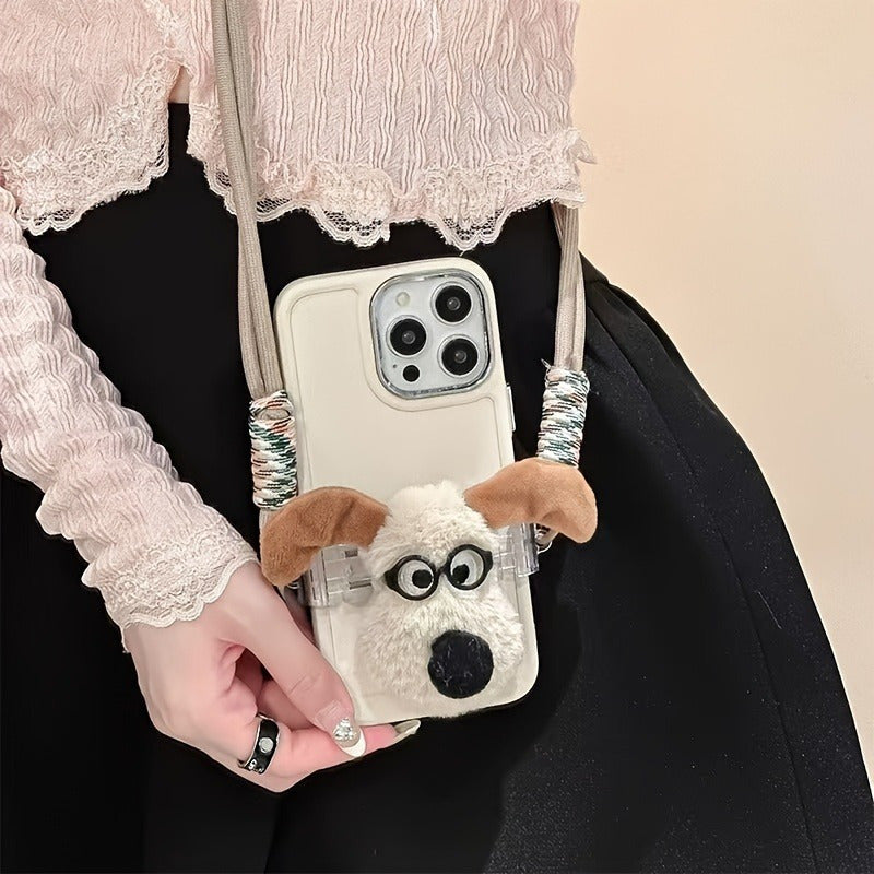 Cute Dog Phone Case with Adjustable Crossbody Strap, Plush Bow, Detachable Rope, Portable Shoulder Strap.