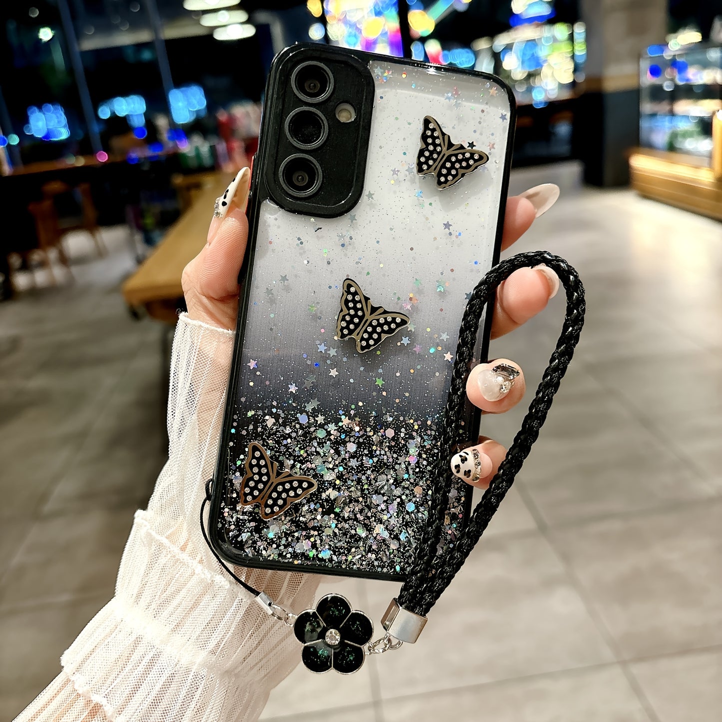 Sparkling Starry Sky Pink Butterfly Graphic Phone Case with Hanging Strap for Samsung