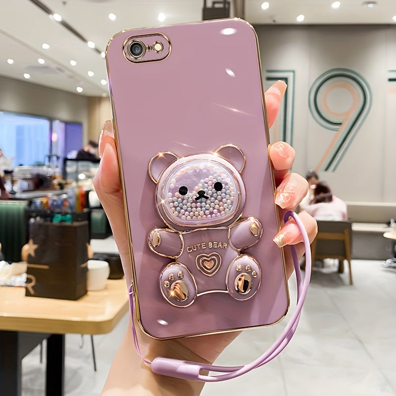 Luxlany New Cute Bear Stand Shockproof Soft Case with Lanyard for iPhones