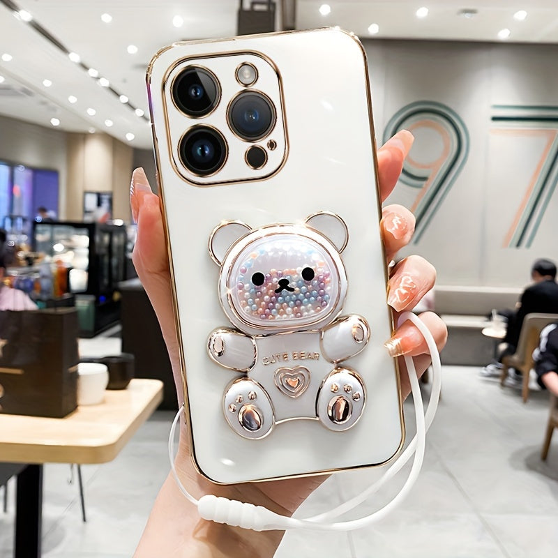 Luxlany New Cute Bear Stand Shockproof Soft Case with Lanyard for iPhones