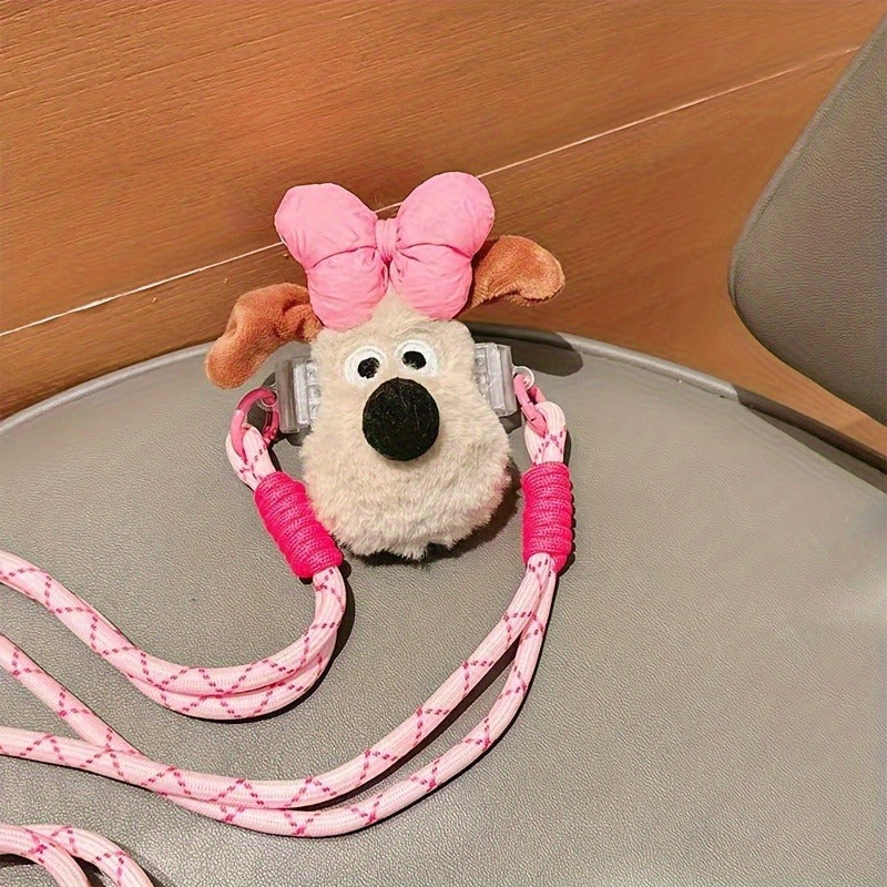 Cute Dog Phone Case with Adjustable Crossbody Strap, Plush Bow, Detachable Rope, Portable Shoulder Strap.
