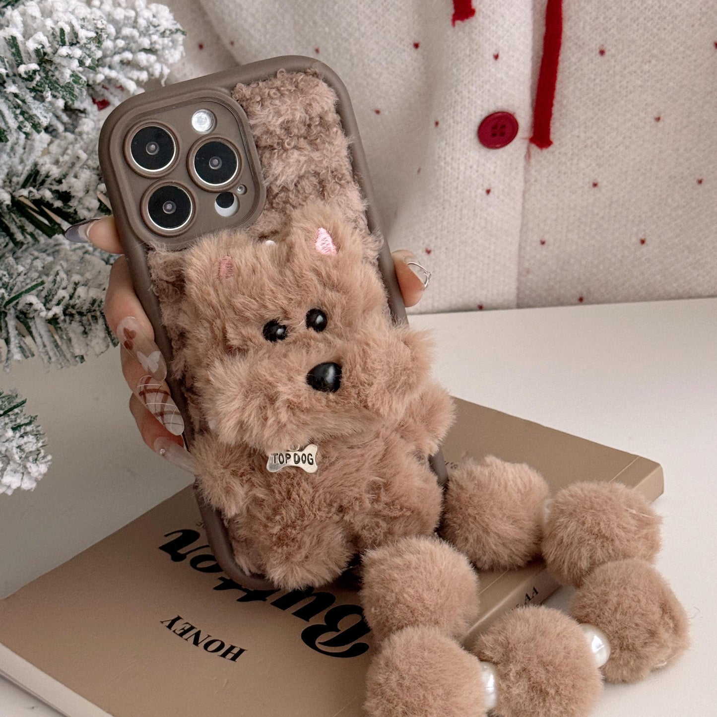 Luxlany Two-color Plush Three-dimensional Puppy + Fur Ball Bracelet Mobile Phone Case for Iphone.