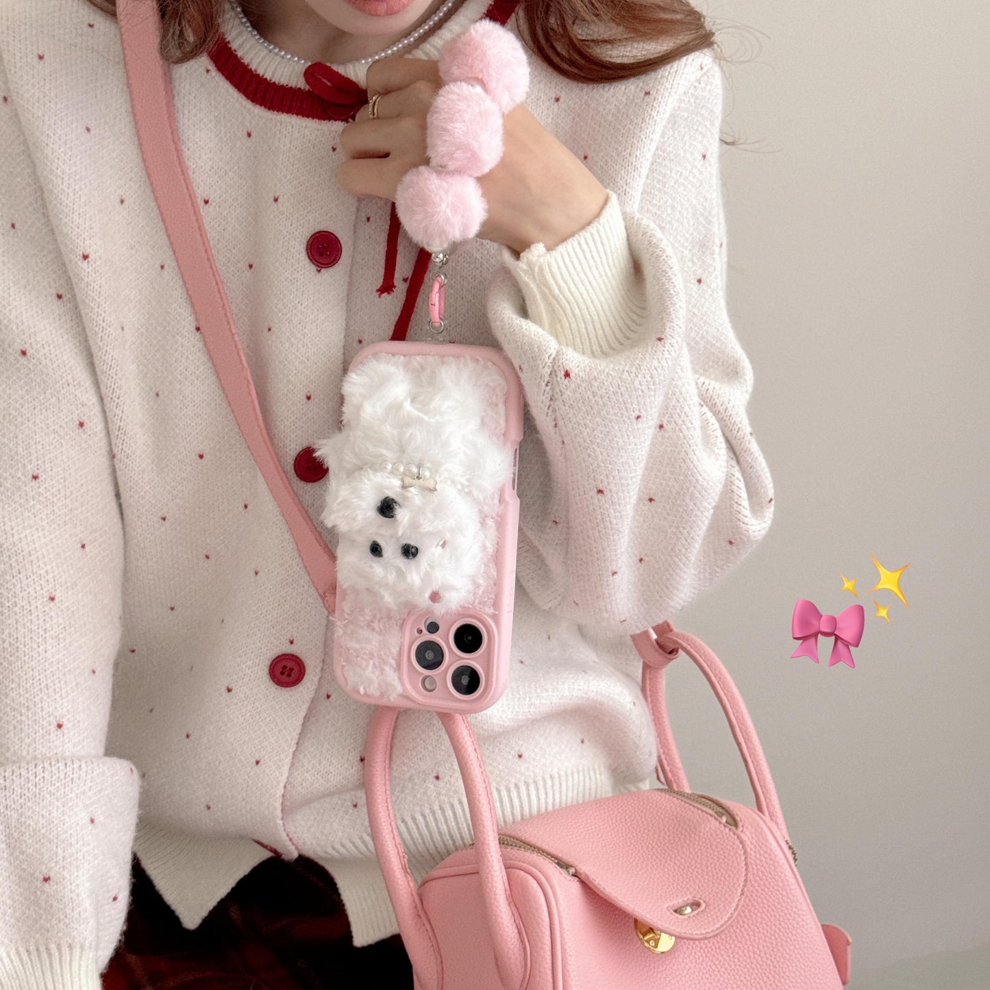 Luxlany Two-color Plush Three-dimensional Puppy + Fur Ball Bracelet Mobile Phone Case for Iphone.