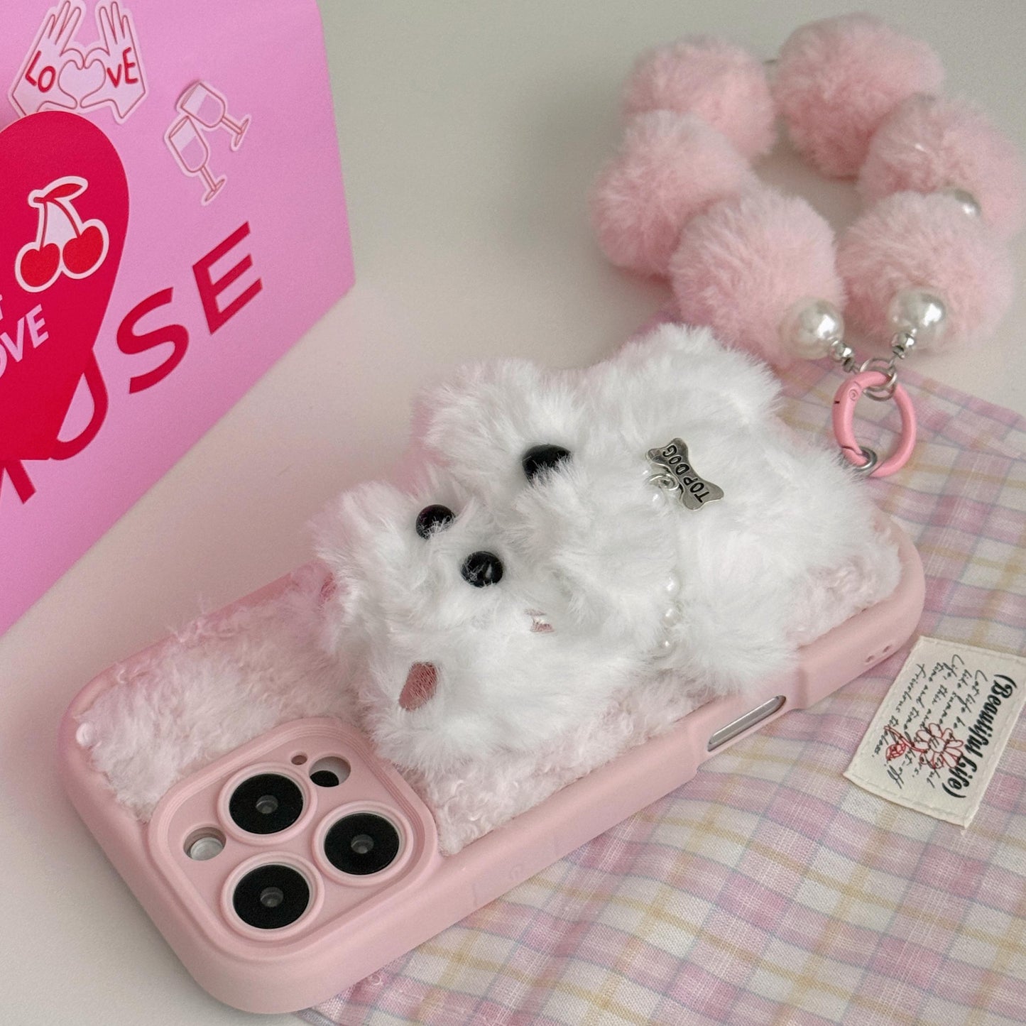 Luxlany Two-color Plush Three-dimensional Puppy + Fur Ball Bracelet Mobile Phone Case for Iphone.