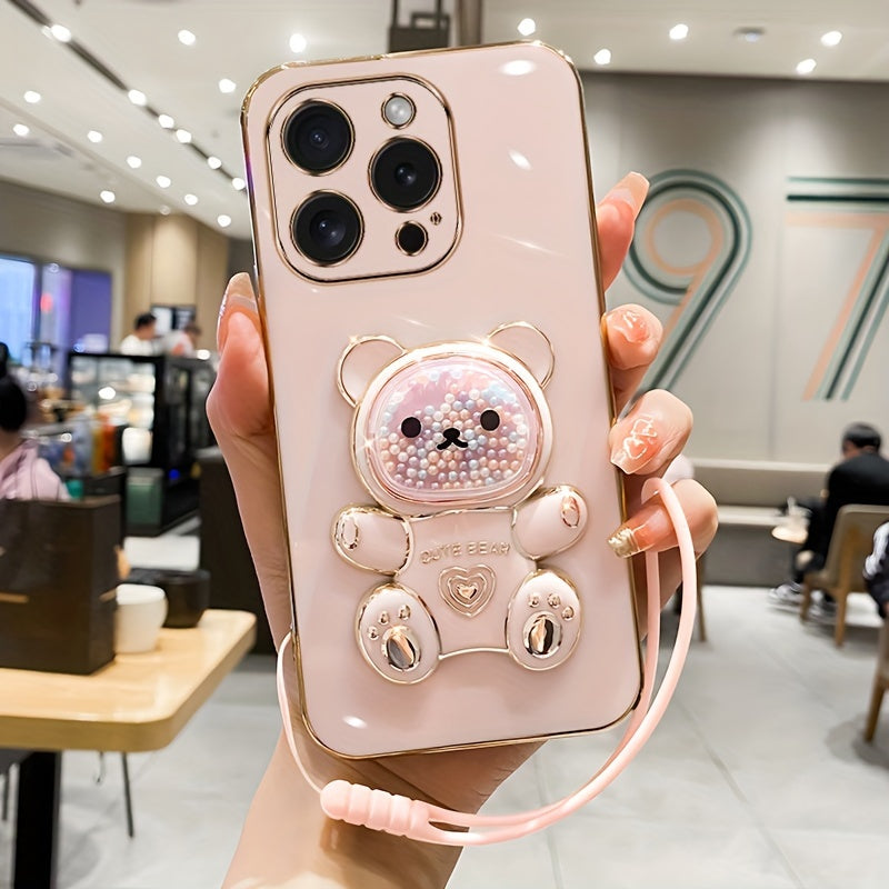 Luxlany New Cute Bear Stand Shockproof Soft Case with Lanyard for iPhones