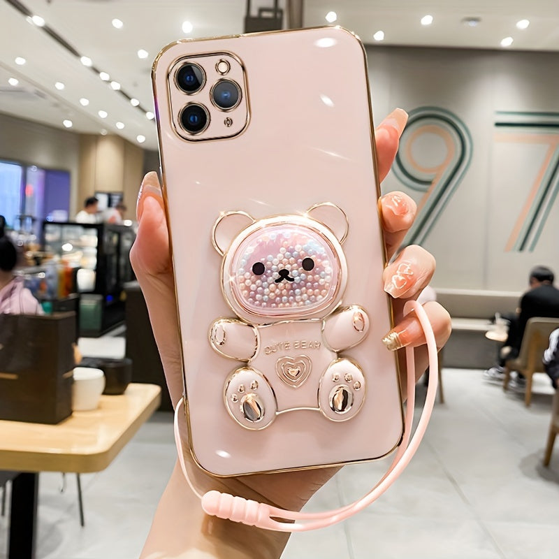 Luxlany New Cute Bear Stand Shockproof Soft Case with Lanyard for iPhones