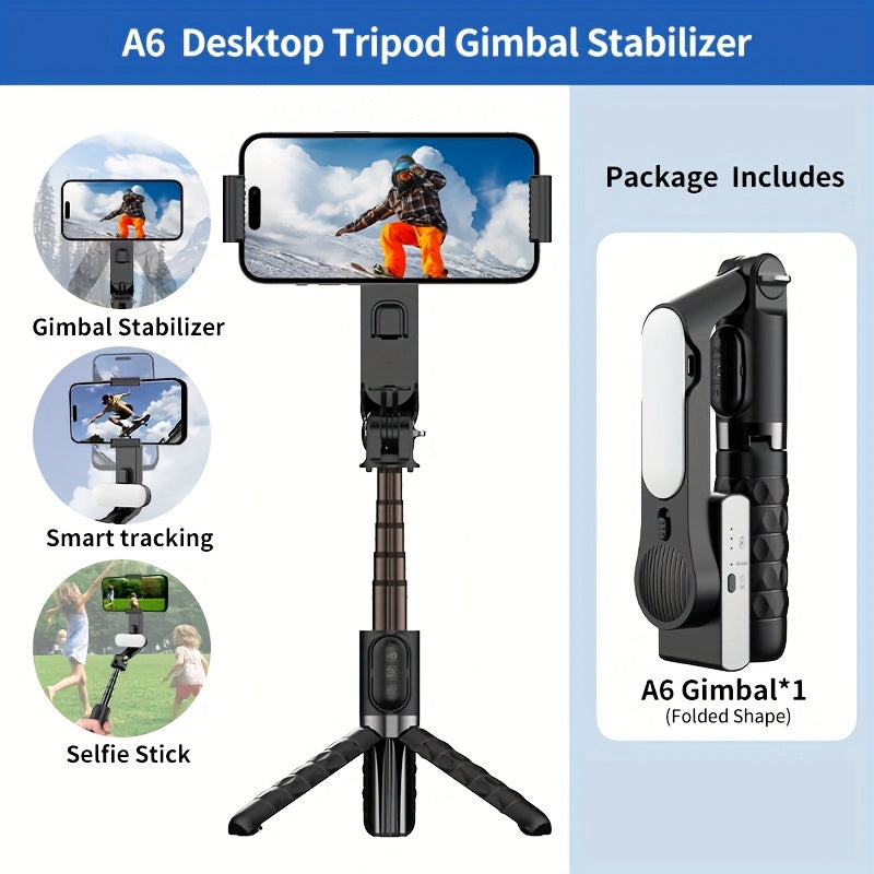 2025 Handheld Gimbal Stabilizer with Selfie Stick Tripod Stand, Wireless Remote, 1-Axis for Smartphone, 400mAh Rechargeable Lithium Polymer Battery, USB Charging, ABS Material, Compatible with iPhone & Android Devices
