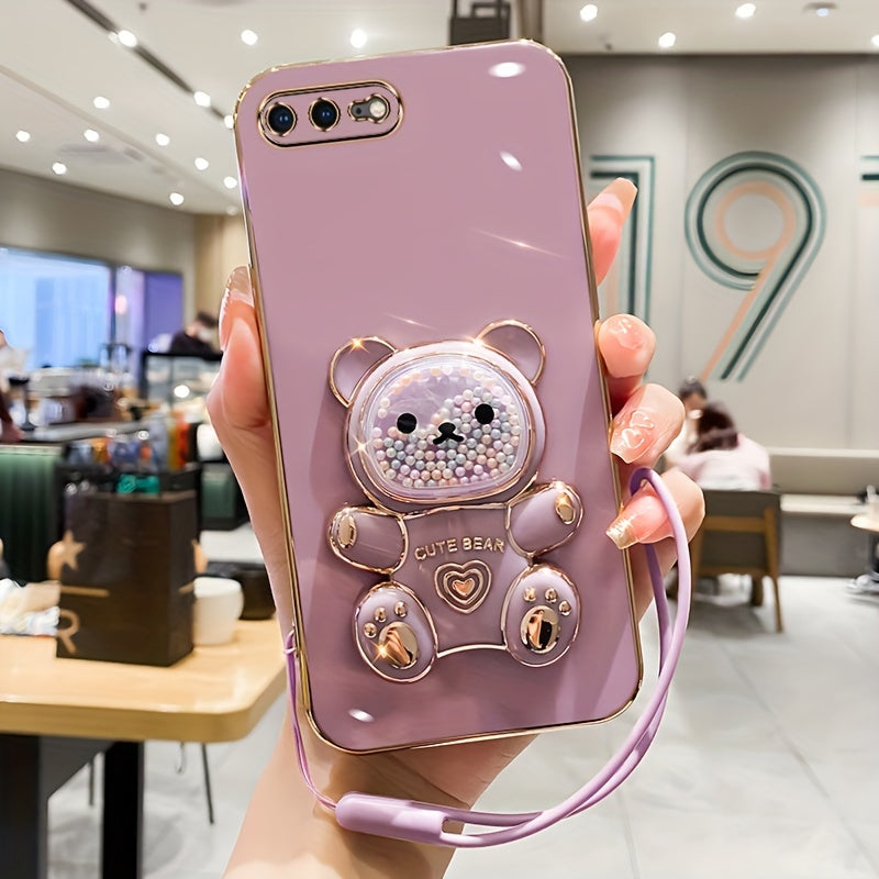 Luxlany New Cute Bear Stand Shockproof Soft Case with Lanyard for iPhones