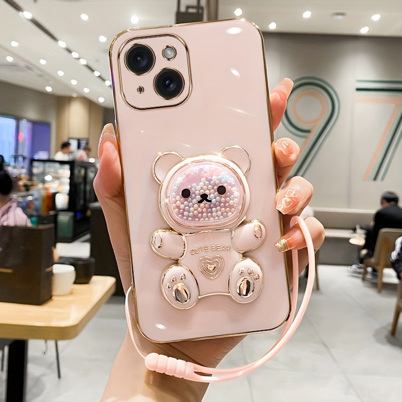 Luxlany New Cute Bear Stand Shockproof Soft Case with Lanyard for iPhones