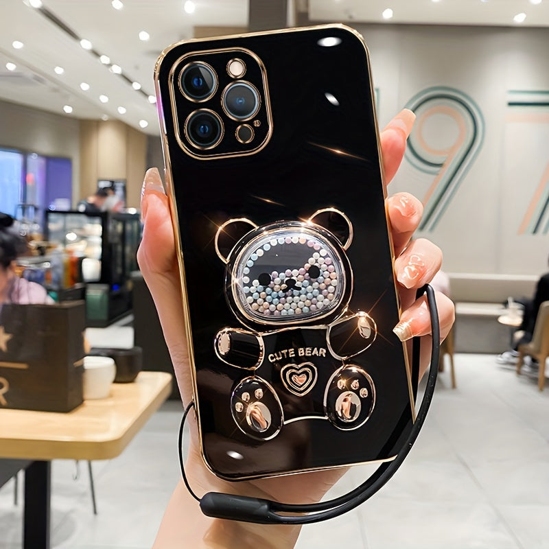 Luxlany New Cute Bear Stand Shockproof Soft Case with Lanyard for iPhones