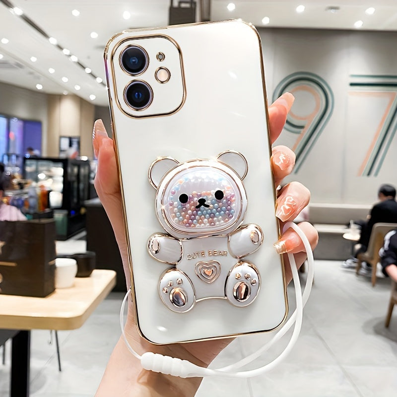 Luxlany New Cute Bear Stand Shockproof Soft Case with Lanyard for iPhones