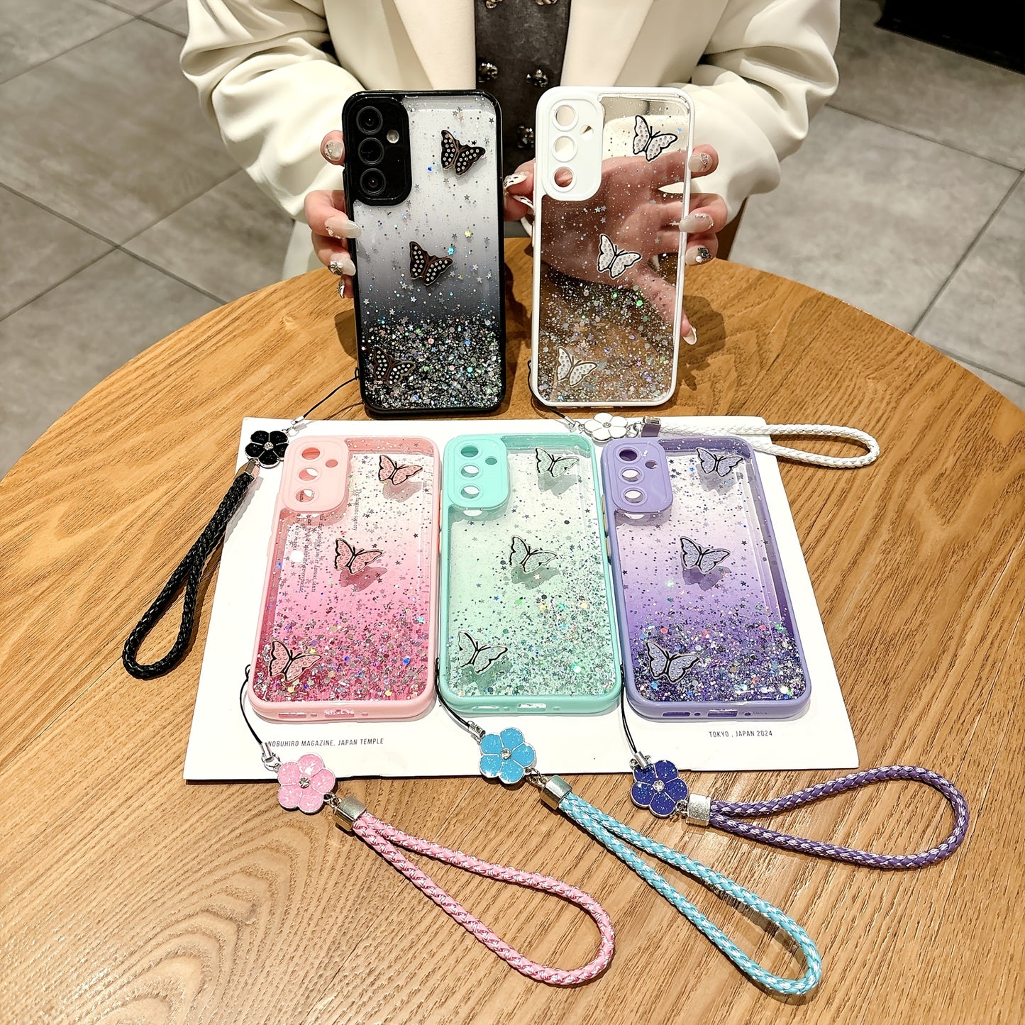 Sparkling Starry Sky Pink Butterfly Graphic Phone Case with Hanging Strap for Samsung