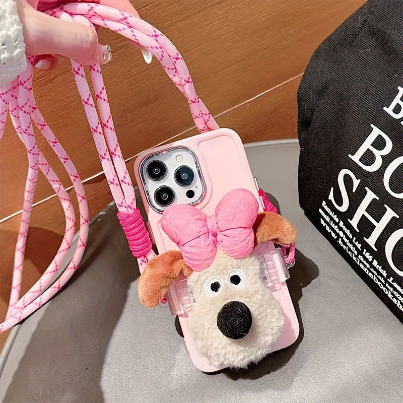 Cute Dog Phone Case with Adjustable Crossbody Strap, Plush Bow, Detachable Rope, Portable Shoulder Strap.