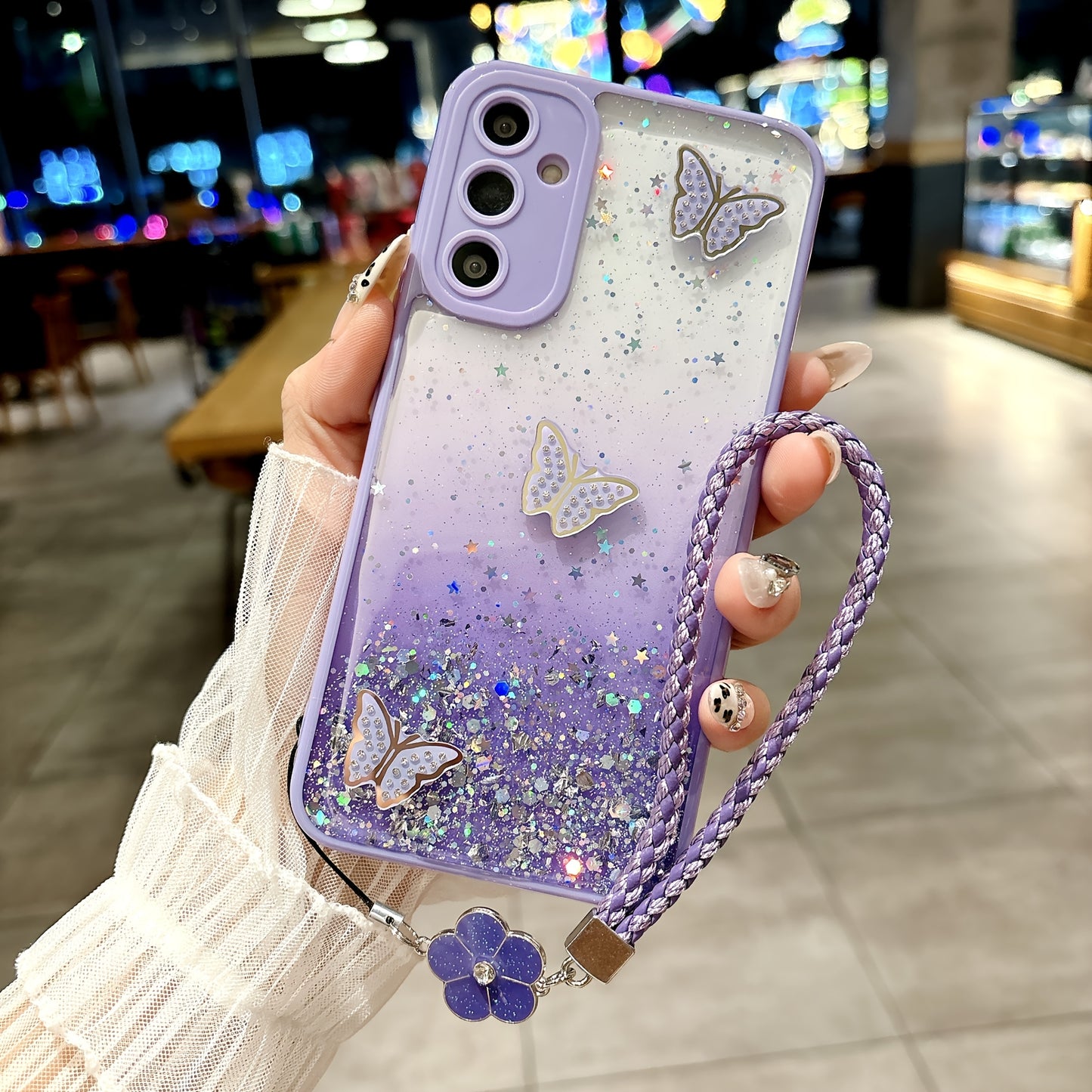Sparkling Starry Sky Pink Butterfly Graphic Phone Case with Hanging Strap for Samsung