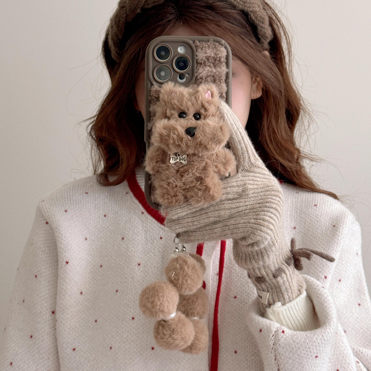 Luxlany Two-color Plush Three-dimensional Puppy + Fur Ball Bracelet Mobile Phone Case for Iphone.