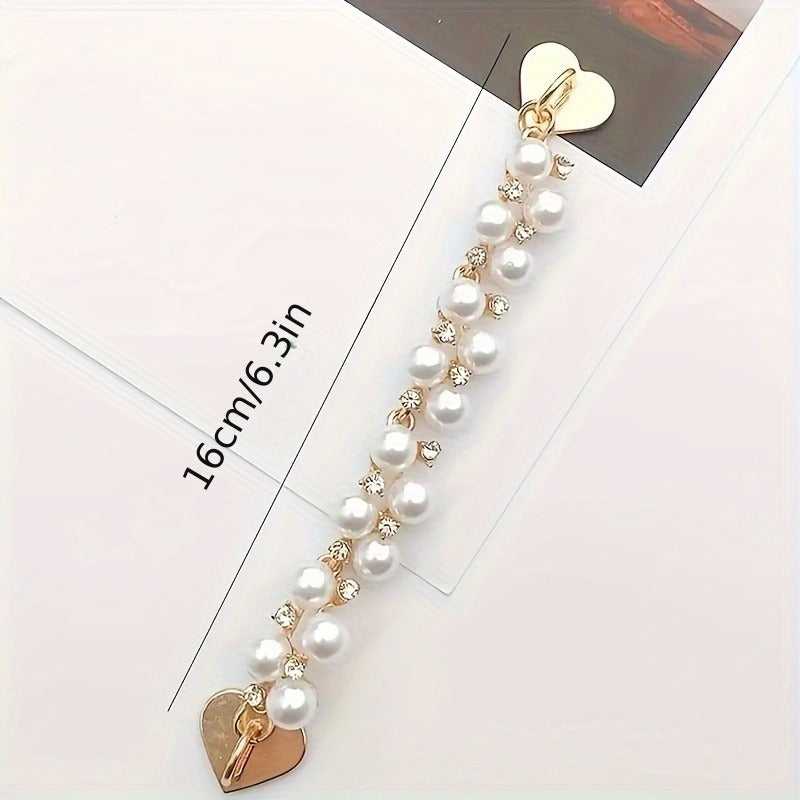 Chic Acrylic Pearl Phone Chain with Golden Heart-Shaped Buckle - Multifunctional Accessory for Phone Cases & Bracelets, Includes Adhesive Tape
