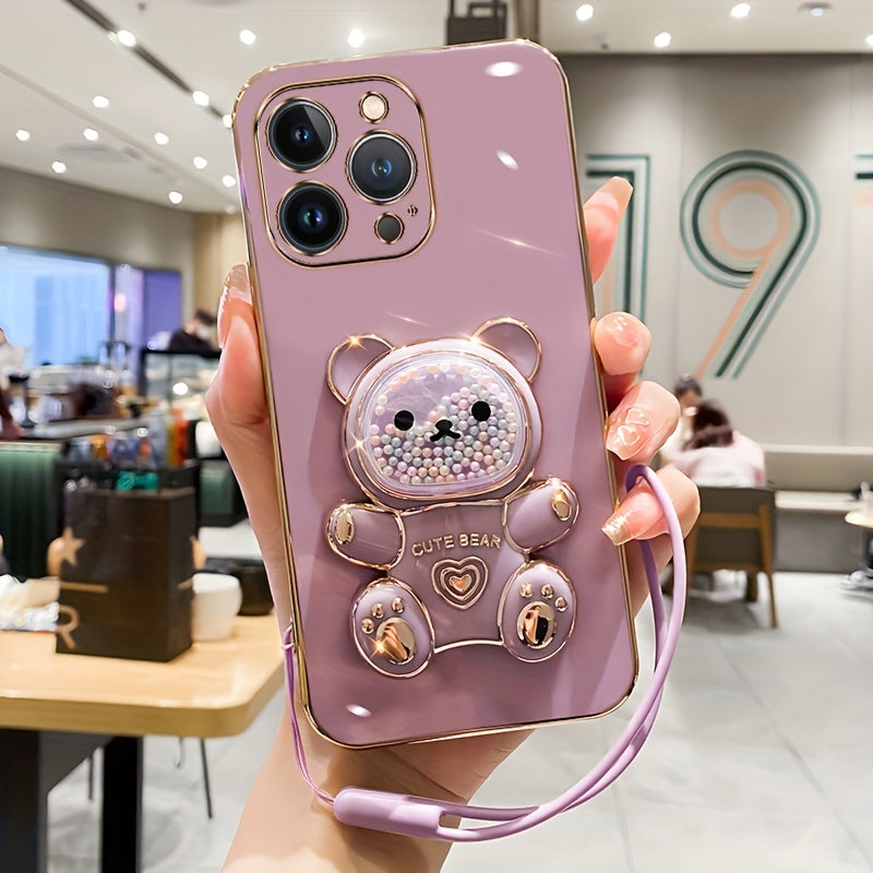 Luxlany New Cute Bear Stand Shockproof Soft Case with Lanyard for iPhones