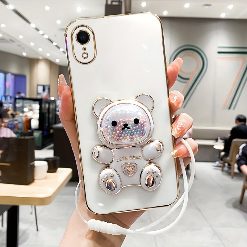 Luxlany New Cute Bear Stand Shockproof Soft Case with Lanyard for iPhones