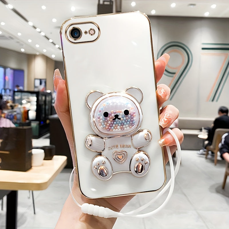 Luxlany New Cute Bear Stand Shockproof Soft Case with Lanyard for iPhones