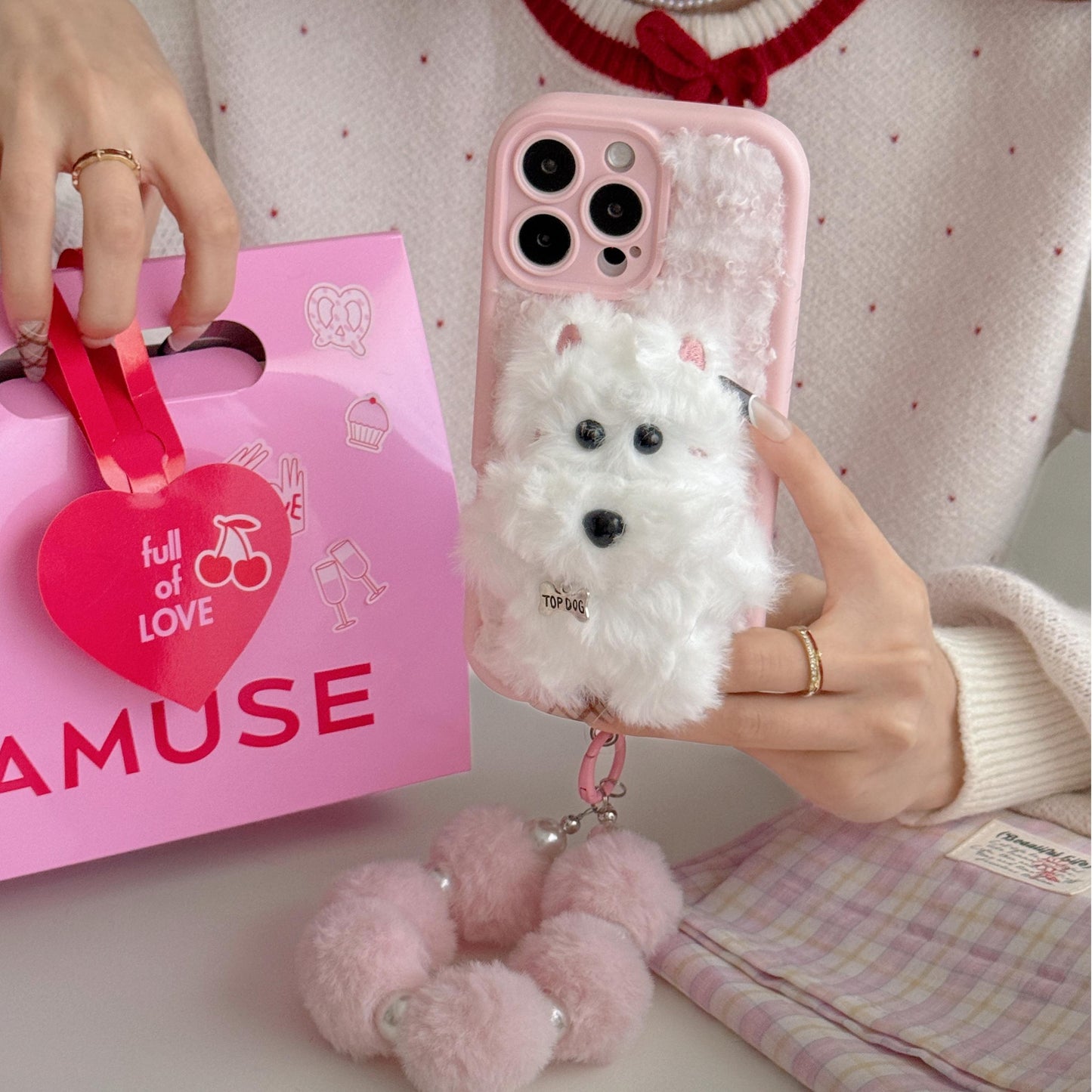 Luxlany Two-color Plush Three-dimensional Puppy + Fur Ball Bracelet Mobile Phone Case for Iphone.