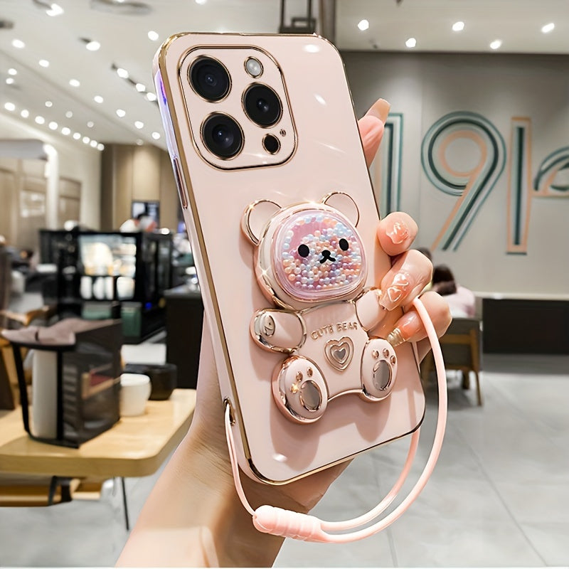Luxlany New Cute Bear Stand Shockproof Soft Case with Lanyard for iPhones