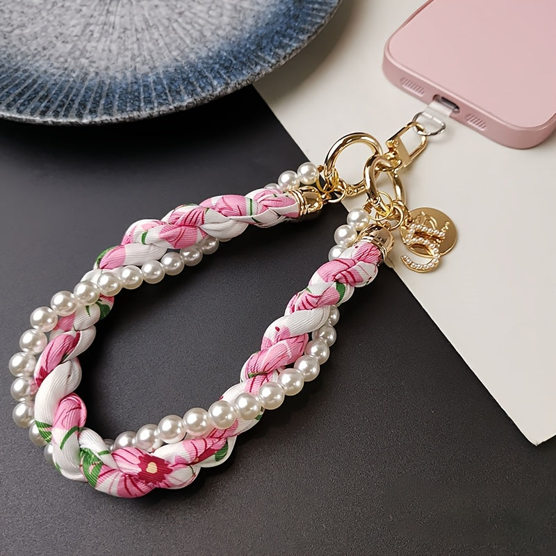 Luxlany Silk Scarf Pearl Bracelet Mobile Phone Lanyard Outdoor Anti-Loss Fashion