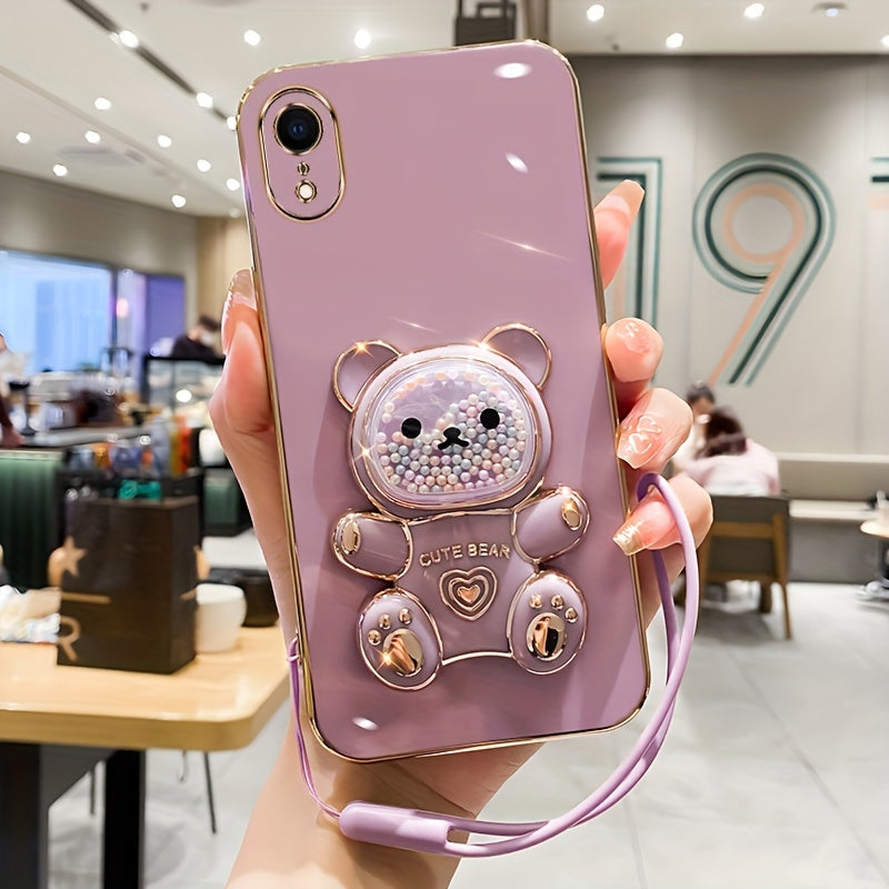 Luxlany New Cute Bear Stand Shockproof Soft Case with Lanyard for iPhones
