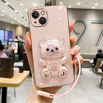 Luxlany New Cute Bear Stand Shockproof Soft Case with Lanyard for iPhones