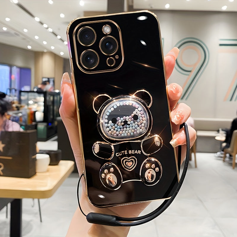 Luxlany New Cute Bear Stand Shockproof Soft Case with Lanyard for iPhones