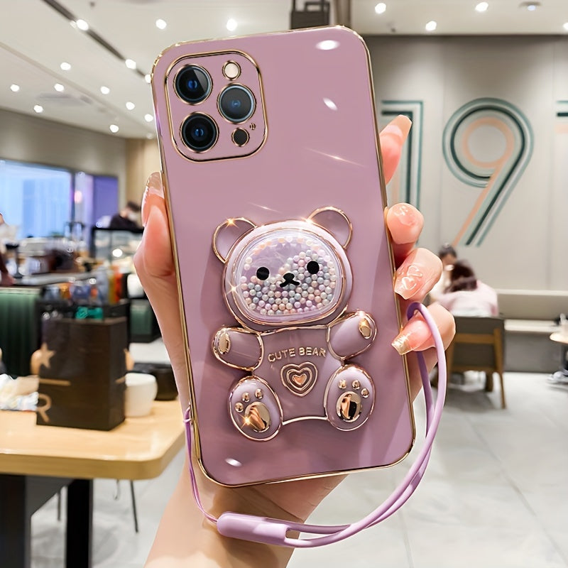 Luxlany New Cute Bear Stand Shockproof Soft Case with Lanyard for iPhones