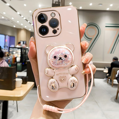 Luxlany New Cute Bear Stand Shockproof Soft Case with Lanyard for iPhones