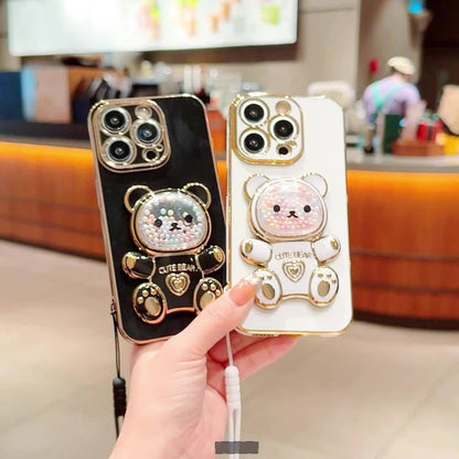 Luxlany New Cute Bear Stand Shockproof Soft Case with Lanyard for iPhones