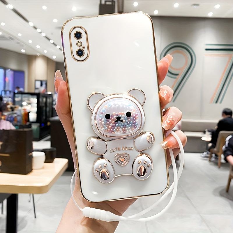 Luxlany New Cute Bear Stand Shockproof Soft Case with Lanyard for iPhones