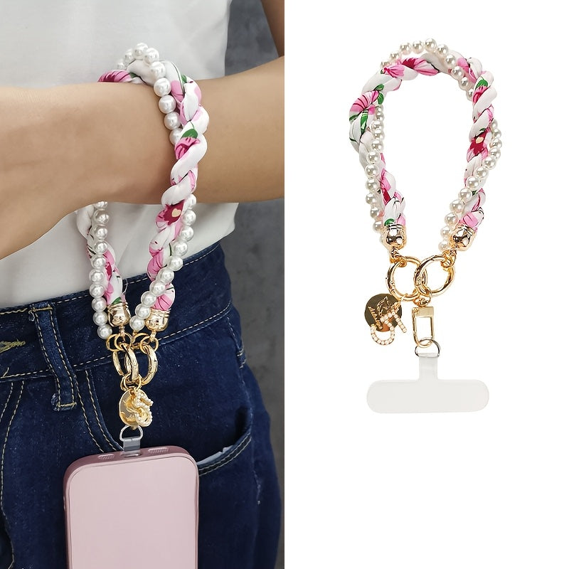 Luxlany Silk Scarf Pearl Bracelet Mobile Phone Lanyard Outdoor Anti-Loss Fashion